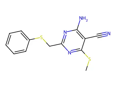 4-Amino-6-(methylsulfanyl)-2-[(phenylsulfanyl)methyl]-5-pyrimidinecarbonitrile structure
