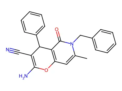 2-amino-6-benzyl-7-methyl-5-oxo-4-phenyl-5,6-dihydro-4H-pyrano[3,2-c]pyridine-3-carbonitrile structure