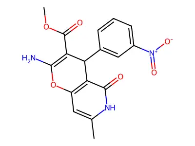 methyl 2-amino-7-methyl-4-(3-nitrophenyl)-5-oxo-4,6-dihydropyrano[3,2-c]pyridine-3-carboxylate structure