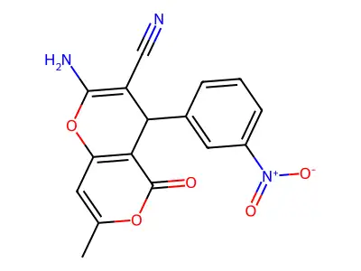 2-amino-7-methyl-4-(3-nitrophenyl)-5-oxo-4H,5H-pyrano[3,2-c]pyran-3-carbonitrile structure