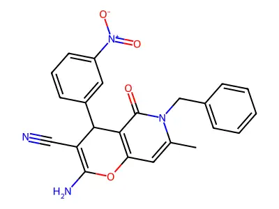 2-amino-6-benzyl-7-methyl-4-(3-nitrophenyl)-5-oxo-5,6-dihydro-4H-pyrano[3,2-c]pyridine-3-carbonitrile structure