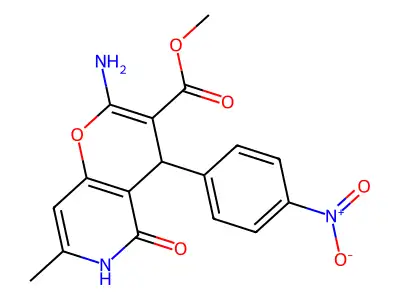 methyl 2-amino-7-methyl-4-(4-nitrophenyl)-5-oxo-4,6-dihydropyrano[3,2-c]pyridine-3-carboxylate structure