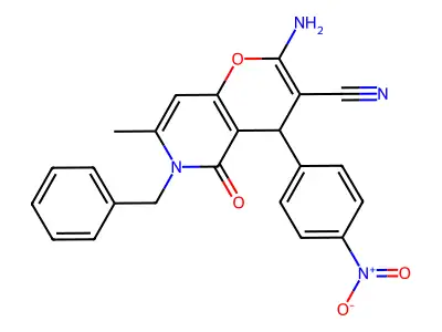 2-amino-6-benzyl-7-methyl-4-(4-nitrophenyl)-5-oxo-5,6-dihydro-4H-pyrano[3,2-c]pyridine-3-carbonitrile structure