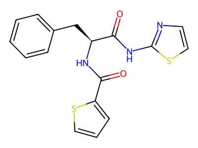 (2S)-3-phenyl-N-(1,3-thiazol-2-yl)-2-[(thiophen-2-yl)formamido]propanamide structure