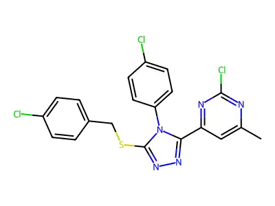 2-chloro-4-[5-[(4-chlorobenzyl)thio]-4-(4-chlorophenyl)-4H-1,2,4-triazol-3-yl]-6-methylpyrimidine structure