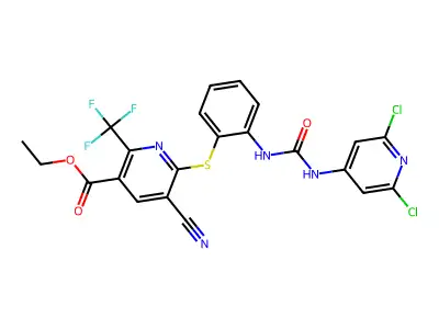 ethyl 5-cyano-6-{[2-({[(2,6-dichloro-4-pyridyl)amino]carbonyl}amino)phenyl]thio}-2-(trifluoromethyl)nicotinate structure