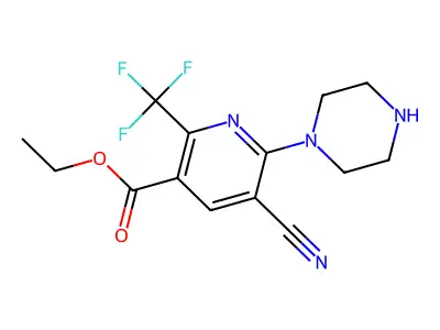 Ethyl 5-cyano-6-(piperazin-1-yl)-2-(trifluoromethyl)nicotinate structure