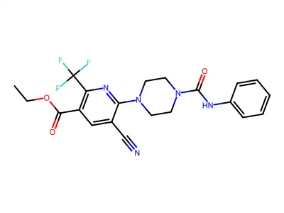 Ethyl 5-cyano-6-[4-(phenylcarbamoyl)piperazin-1-yl]-2-(trifluoromethyl)pyridine-3-carboxylate structure