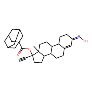17-Hydroxy-19-nor-17-alpha-pregn-4-en-20-yn-3-one 1-adamantanecarboxylate (ester) oxime structure