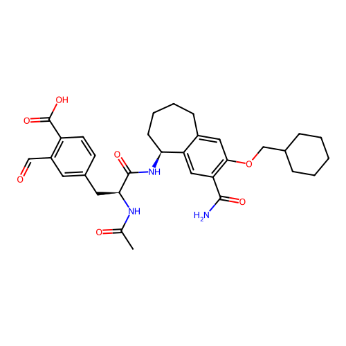 Benzoic acid, 4-((2S)-2-(acetylamino)-3-(((5S)-3-(aminocarbonyl)-2-(cyclohexylmethoxy)-6,7,8,9-tetrahydro-5H-benzocyclohepten-5-yl)amino)-3-oxopropyl)-2-formyl- structure