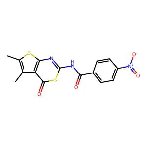N-{5,6-dimethyl-4-oxo-4H-thieno[2,3-d][1,3]thiazin-2-yl}-4-nitrobenzamide structure