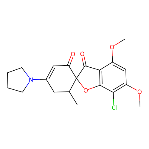 Spiro[benzofuran-2(3H),1'-[3]cyclohexene]-2',3-dione, 7-chloro-4,6-dimethoxy-6'-methyl-4'-(1-pyrrolidinyl)- structure