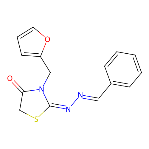 (2E)-2-[(E)-benzylidenehydrazinylidene]-3-(furan-2-ylmethyl)-1,3-thiazolidin-4-one structure