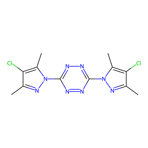 3,6-Bis(4-chloro-3,5-dimethylpyrazol-1-yl)-1,2,4,5-tetrazine structure