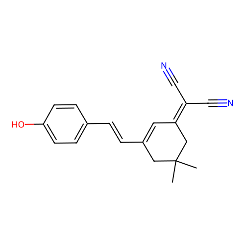 (E)-2(3-(4-hydroxystyryl)-5,5-dimethyl-2-cyclohexenyl-1-ylidene)malononitrile structure