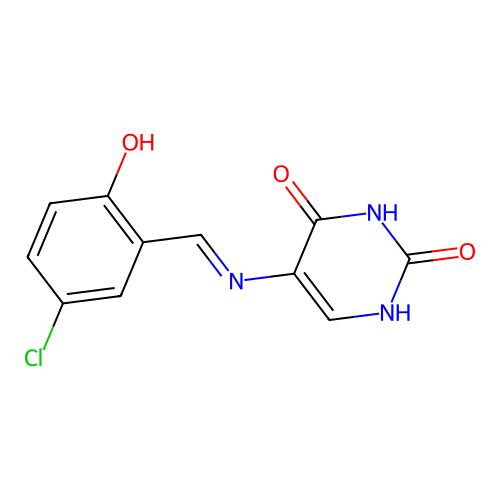 5-{[(E)-(5-chloro-2-hydroxyphenyl)methylidene]amino}pyrimidine-2,4(1H,3H)-dione structure