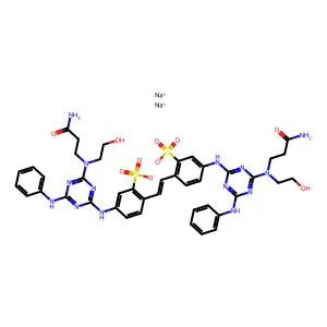 Disodium;5-[[4-[(3-amino-3-oxopropyl)-(2-hydroxyethyl)amino]-6-anilino-1,3,5-triazin-2-yl]amino]-2-[2-[4-[[4-[(3-amino-3-oxopropyl)-(2-hydroxyethyl)amino]-6-anilino-1,3,5-triazin-2-yl]amino]-2-sulfonatophenyl]ethenyl]benzenesulfonate structure