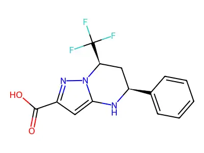 rac-(5R,7S)-5-phenyl-7-(trifluoromethyl)-4H,5H,6H,7H-pyrazolo[1,5-a]pyrimidine-2-carboxylic acid structure