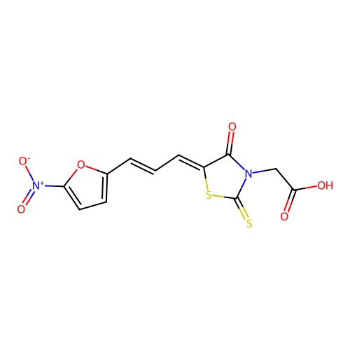 2-((Z)-5-((E)-3-(5-nitrofuran-2-yl)allylidene)-4-oxo-2-thioxothiazolidin-3-yl)acetic acid structure