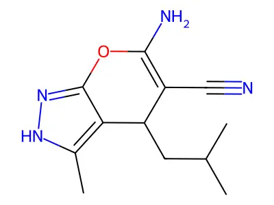 6-amino-3-methyl-4-(2-methylpropyl)-2,4-dihydropyrano[2,3-c]pyrazole-5-carbonitrile structure
