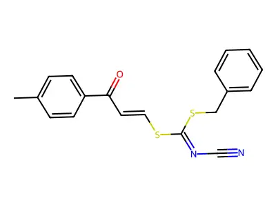 [[[3-(4-methylphenyl)-3-oxoprop-1-enyl]thio]-(phenylmethylthio)methylidene]cyanamide structure