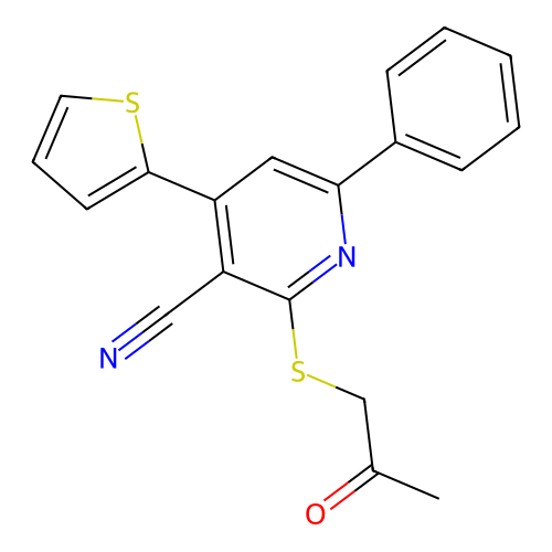 2-[(2-Oxopropyl)sulfanyl]-6-phenyl-4-(thiophen-2-yl)pyridine-3-carbonitrile structure