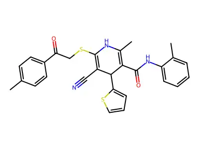 5-cyano-2-methyl-N-(2-methylphenyl)-6-{[2-(4-methylphenyl)-2-oxoethyl]sulfanyl}-4-(thiophen-2-yl)-1,4-dihydropyridine-3-carboxamide structure