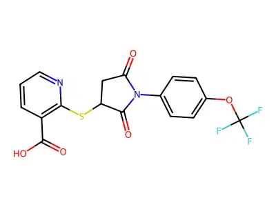 2-((2,5-Dioxo-1-(4-(trifluoromethoxy)phenyl)pyrrolidin-3-yl)thio)nicotinic acid structure