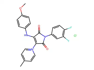 1-[1-(3,4-difluorophenyl)-4-(4-methoxyanilino)-2,5-dioxo-2,5-dihydro-1H-pyrrol-3-yl]-4-methylpyridinium chloride structure