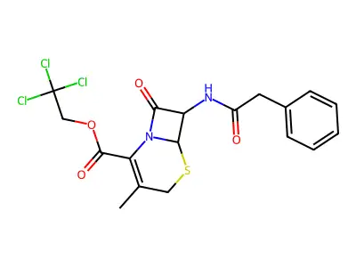 2,2,2-trichloroethyl (6R,7R)-3-methyl-8-oxo-7-[(2-phenylacetyl)amino]-5-thia-1-azabicyclo[4.2.0]oct-2-ene-2-carboxylate structure