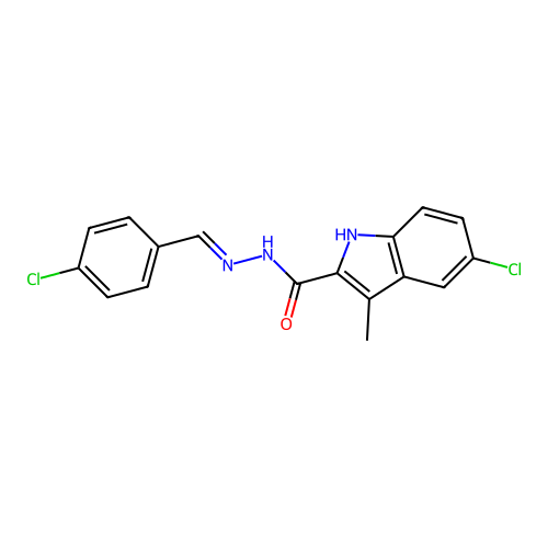 (E)-5-chloro-N'-(4-chlorobenzylidene)-3-methyl-1H-indole-2-carbohydrazide structure