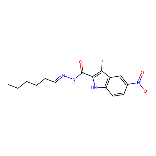 N'-[(1E)-hexylidene]-3-methyl-5-nitro-1H-indole-2-carbohydrazide structure