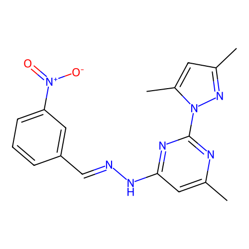 2-(3,5-dimethyl-1H-pyrazol-1-yl)-4-methyl-6-[(2E)-2-(3-nitrobenzylidene)hydrazinyl]pyrimidine structure