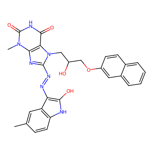(E)-7-(2-hydroxy-3-(naphthalen-2-yloxy)propyl)-3-methyl-8-(2-(5-methyl-2-oxoindolin-3-ylidene)hydrazinyl)-1H-purine-2,6(3H,7H)-dione structure