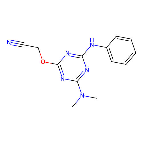 {[4-(Dimethylamino)-6-(phenylamino)-1,3,5-triazin-2-yl]oxy}acetonitrile structure