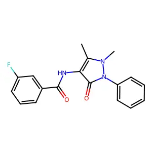 N-(1,5-dimethyl-3-oxo-2-phenylpyrazol-4-yl)-3-fluorobenzamide structure