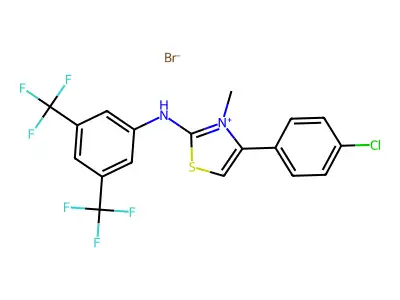 4-(4-chlorophenyl)-2-[3,5-di(trifluoromethyl)anilino]-3-methyl-1,3-thiazol-3-ium bromide structure