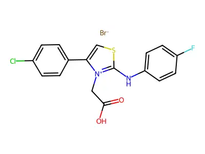 3-(carboxymethyl)-4-(4-chlorophenyl)-2-(4-fluoroanilino)-1,3-thiazol-3-ium bromide structure