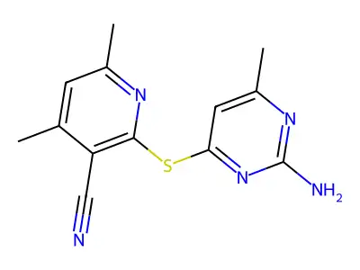 2-[(2-Amino-6-methylpyrimidin-4-yl)thio]-4,6-dimethylnicotinonitrile structure