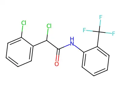 N1-[2-(trifluoromethyl)phenyl]-2-chloro-2-(2-chlorophenyl)acetamide structure