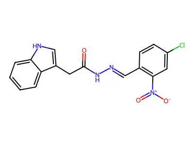 N-[(4-chloro-2-nitrophenyl)methylideneamino]-2-(1H-indol-3-yl)acetamide structure