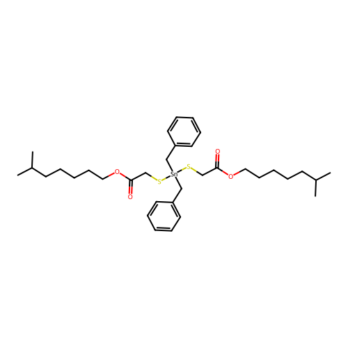 Acetic acid, 2,2'-((bis(phenylmethyl)stannylene)bis(thio))bis-, diisooctyl ester structure