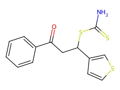 3-Oxo-3-phenyl-1-(3-thienyl)propyl aminomethanedithioate structure
