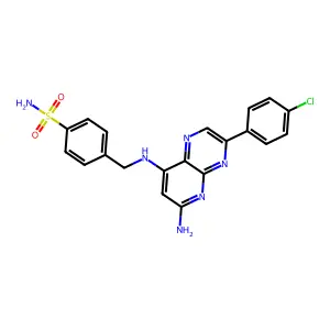 4-({[6-amino-3-(4-chlorophenyl)pyrido[2,3-b]pyrazin-8-yl]amino}methyl)benzenesulfonamide structure