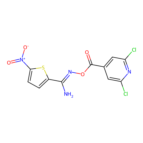 O2-[(2,6-dichloro-4-pyridyl)carbonyl]-5-nitrothiophene-2-carbohydroximamide structure