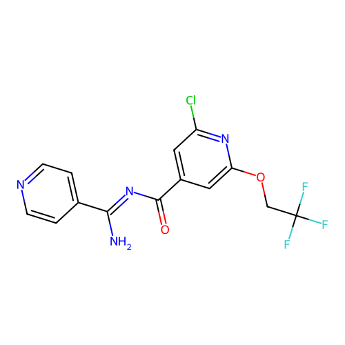 2-chloro-N-[imino(pyridin-4-yl)methyl]-6-(2,2,2-trifluoroethoxy)isonicotinamide structure