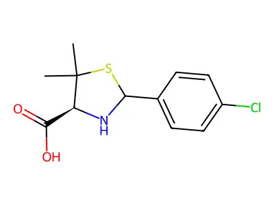 (4S)-2-(4-chlorophenyl)-5,5-dimethyl-1,3-thiazolidine-4-carboxylic acid structure