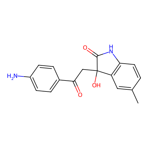 3-[2-(4-aminophenyl)-2-oxoethyl]-3-hydroxy-5-methyl-1,3-dihydro-2H-indol-2-one structure