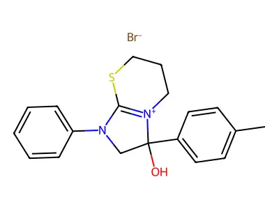 3-hydroxy-1-phenyl-3-(p-tolyl)-3,5,6,7-tetrahydro-2H-imidazo[2,1-b][1,3]thiazin-1-ium bromide structure