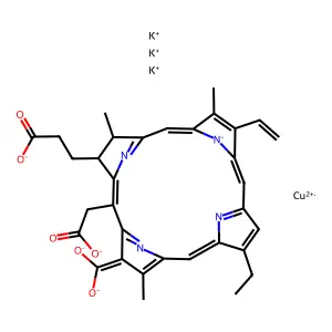 copper tripotassium 3-[18-(dioxidomethylidene)-8-ethenyl-13-ethyl-3,7,17-trimethyl-20-(2-oxido-2-oxoethyl)-2,3-dihydroporphyrin-22-id-2-yl]propanoate structure